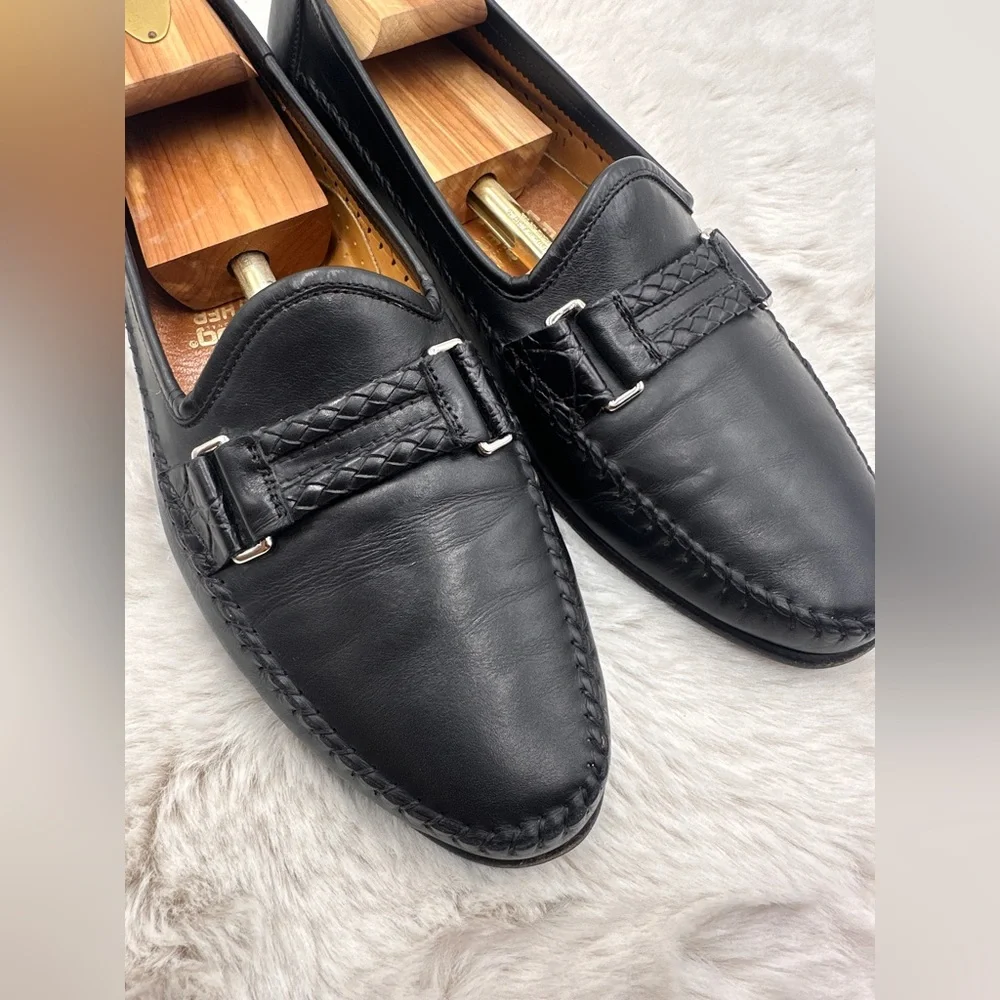 SANTONI Men’s Woven Leather Loafer‎ Size 11 D Black braided dress shoes